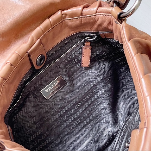 Prada brown nappa lambskin leather pushlock shoulder flap bag baguette - Picture 8 of 12